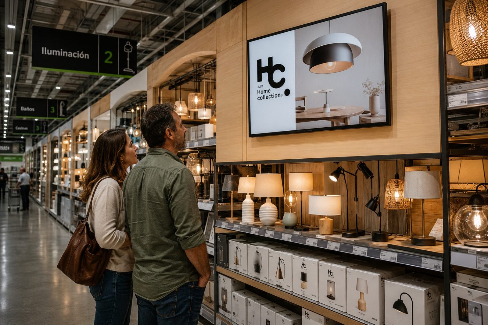 Pareja frente a pantalla de marca en tienda de bricolaje