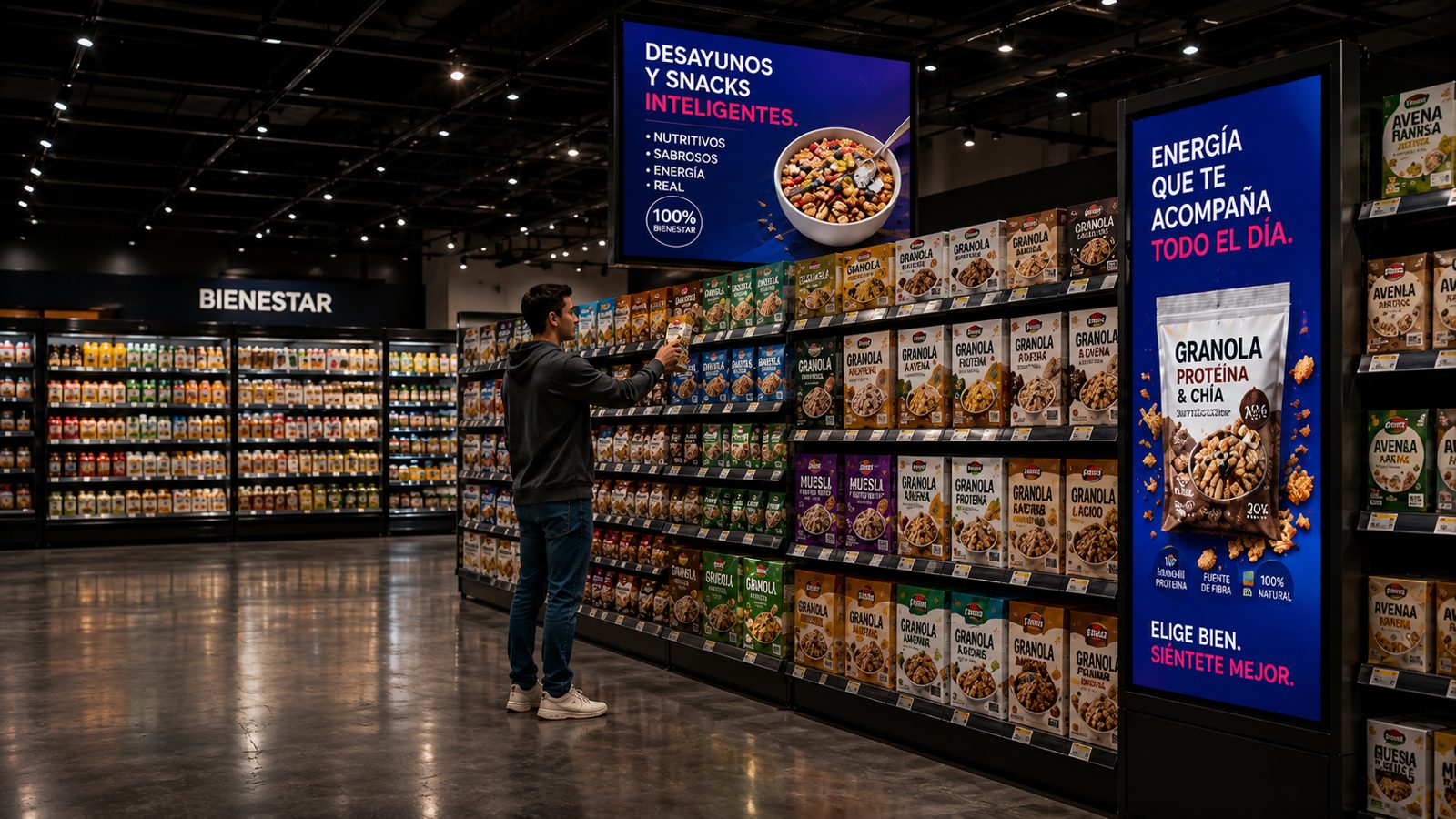 Shopper decidiendo frente a la góndola de cereales