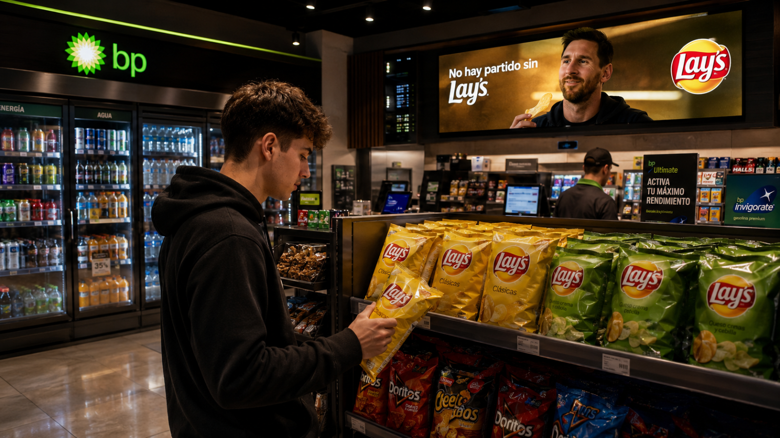Tienda de conveniencia con pantalla digital de publicidad