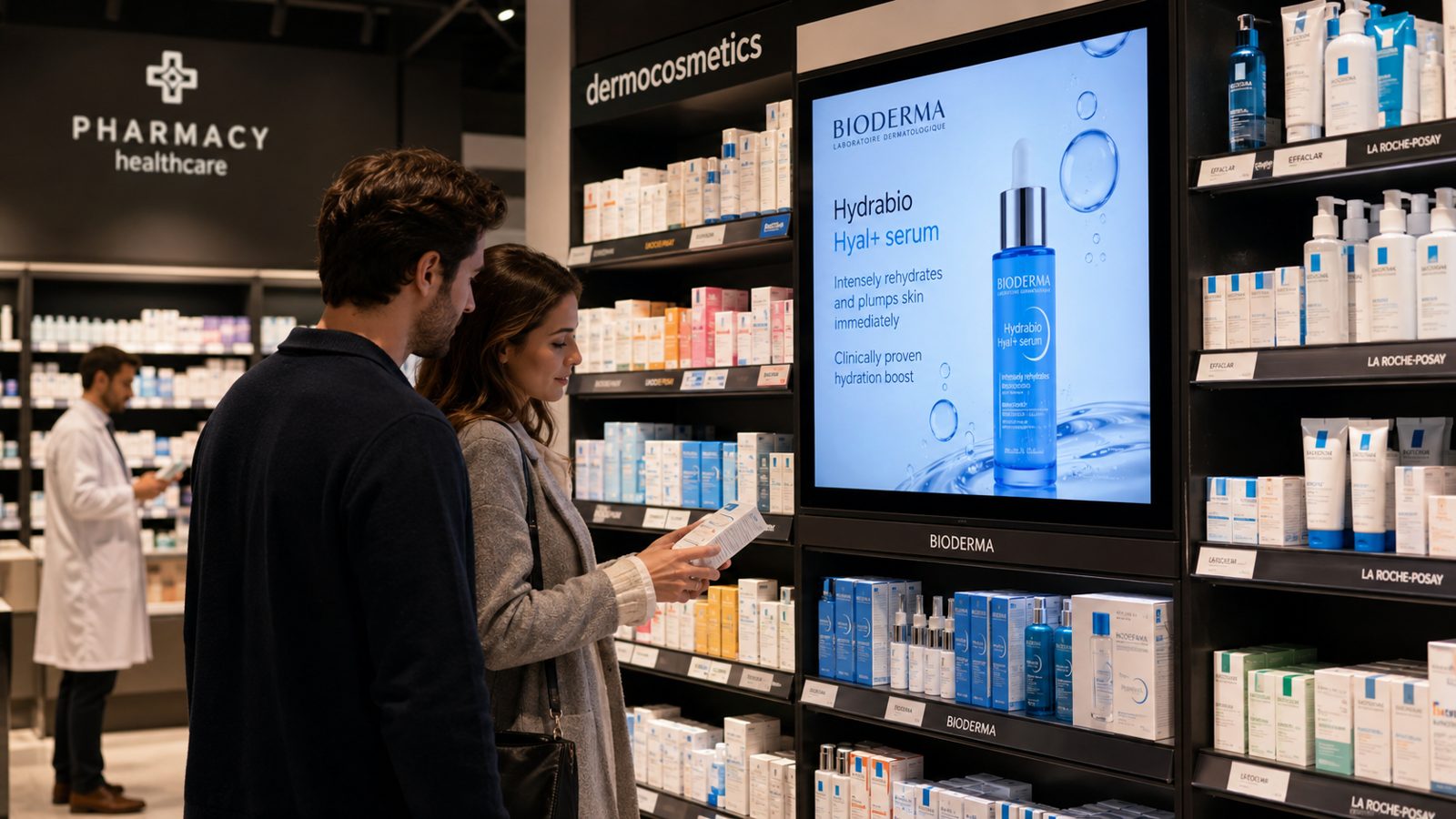 Pantalla de dermocosmética en farmacia
