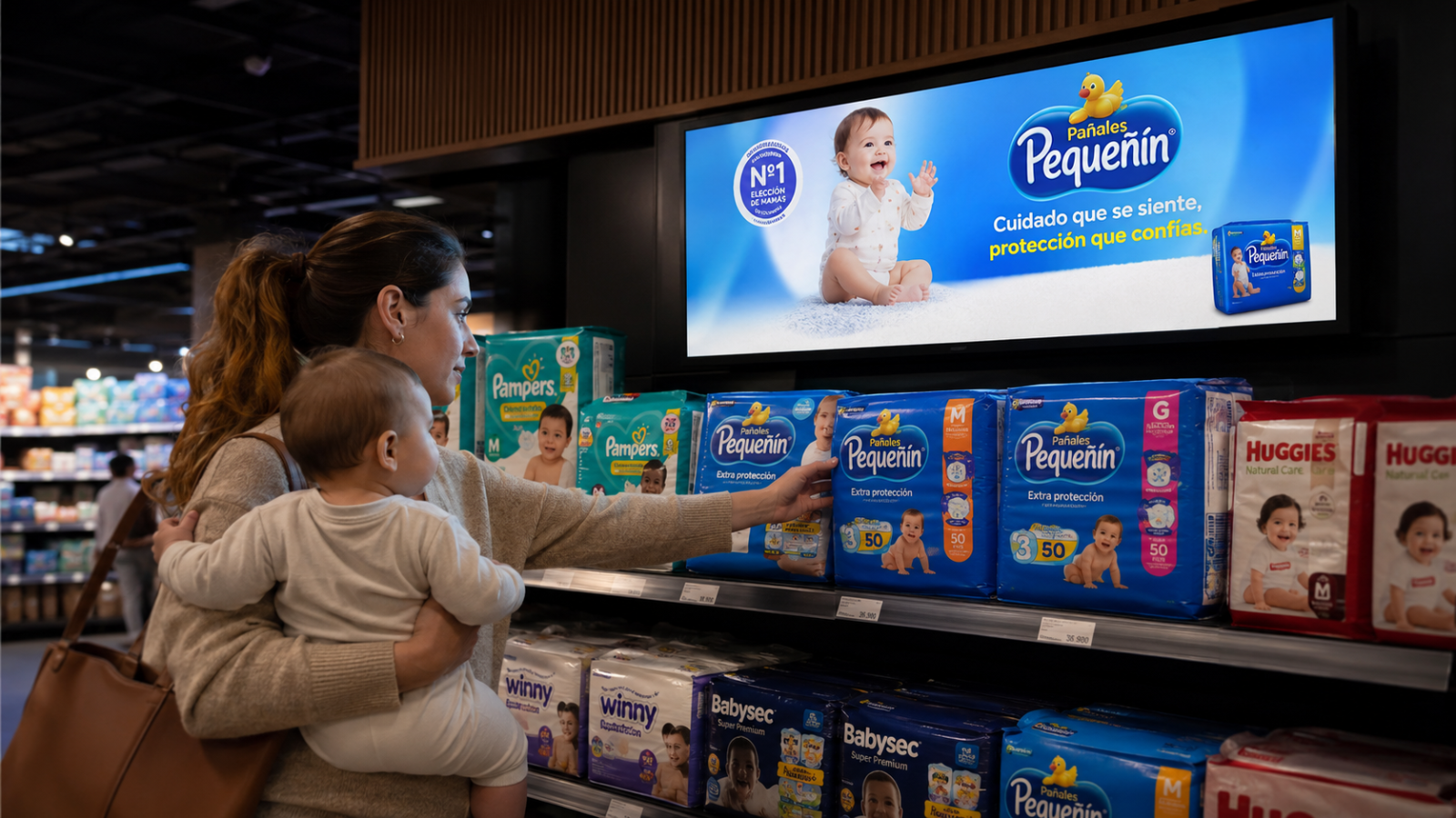 Madre con bebé frente a pantalla digital de pañales Pequenín