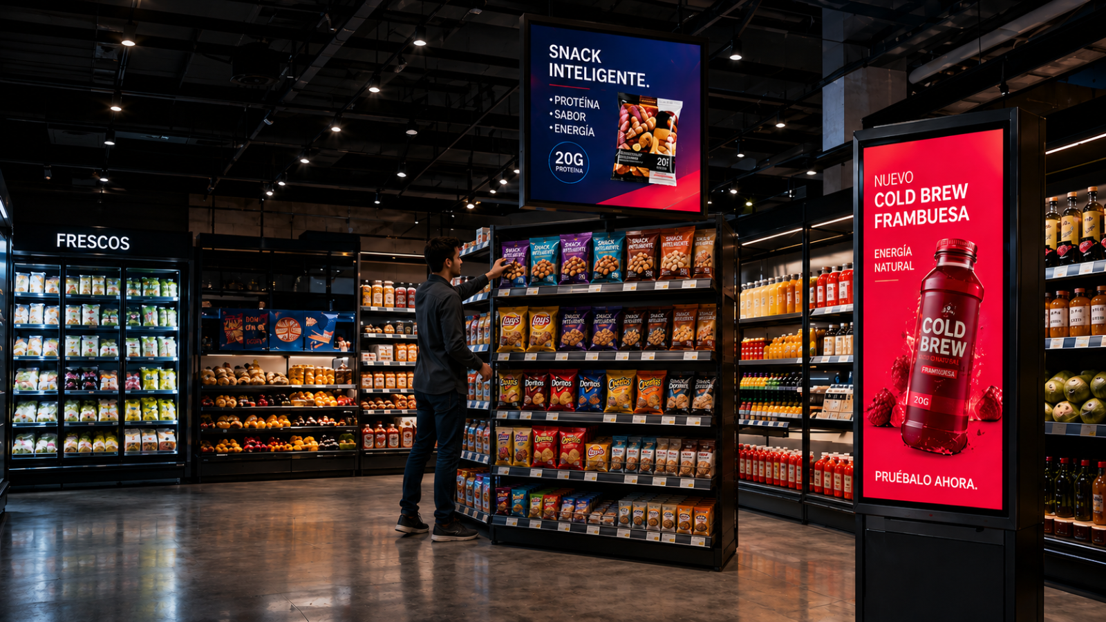 Pantallas digitales de snacks y bebidas en tienda de conveniencia
