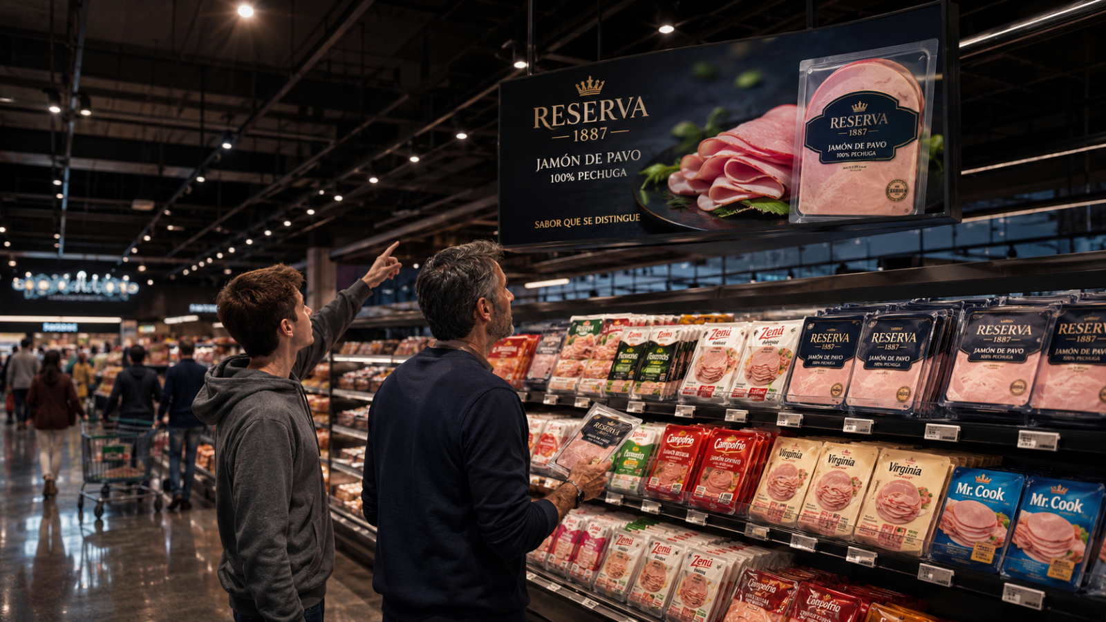 Pantalla digital en pasillo de carnes frías de supermercado
